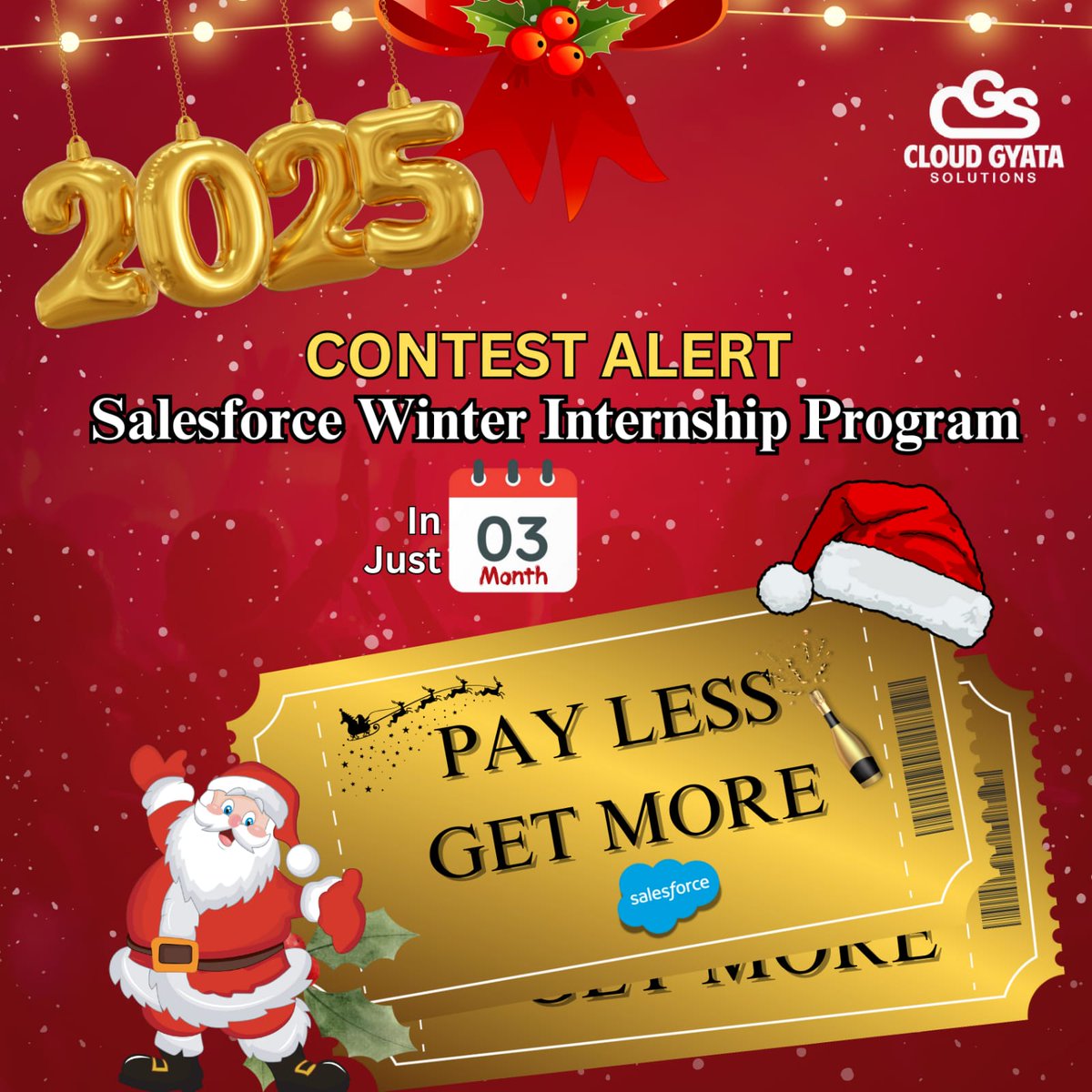 🎄✨ This Christmas, Gift Yourself a Bright Future! 🎁

Join Cloud Gyata Solutions' Salesforce Winter Training cum Internship Program and kickstart your career with the world’s #1 AI-powered CRM.

🎓 Why Join?
✅ Internship Certificate &amp; LOR
✅ 1:1 Mentorship &amp; Career Sessions