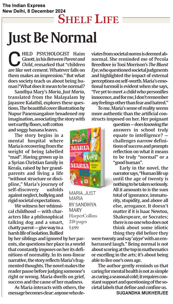 HarperCollinsIN's tweet photo. ‘The author gently reminds us that caring for mental health is not as simple as curing a seasonal cold; it requires constant support and questioning of the societal labels that define and confine us.’

@IndianExpress features #SugandhaMukherjee’s review of #MariaJustMaria by #SandhyaMary, translated by Jayasree Kalathil (@vivarthaka).

#READWithHarperCollins