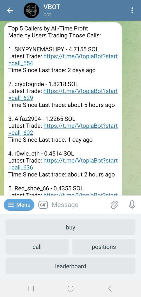 Alpha Callers, Degens, KOLs,
Generational Wealth Alert!  ⚠️

We've been live for just 48 hours and our Robo Callers are eating good already. 💲💰🤑

Who doesn't like making money just by shilling a coin?

Get in before we hit the trenches this weekend!

t.me/VtopiaBot