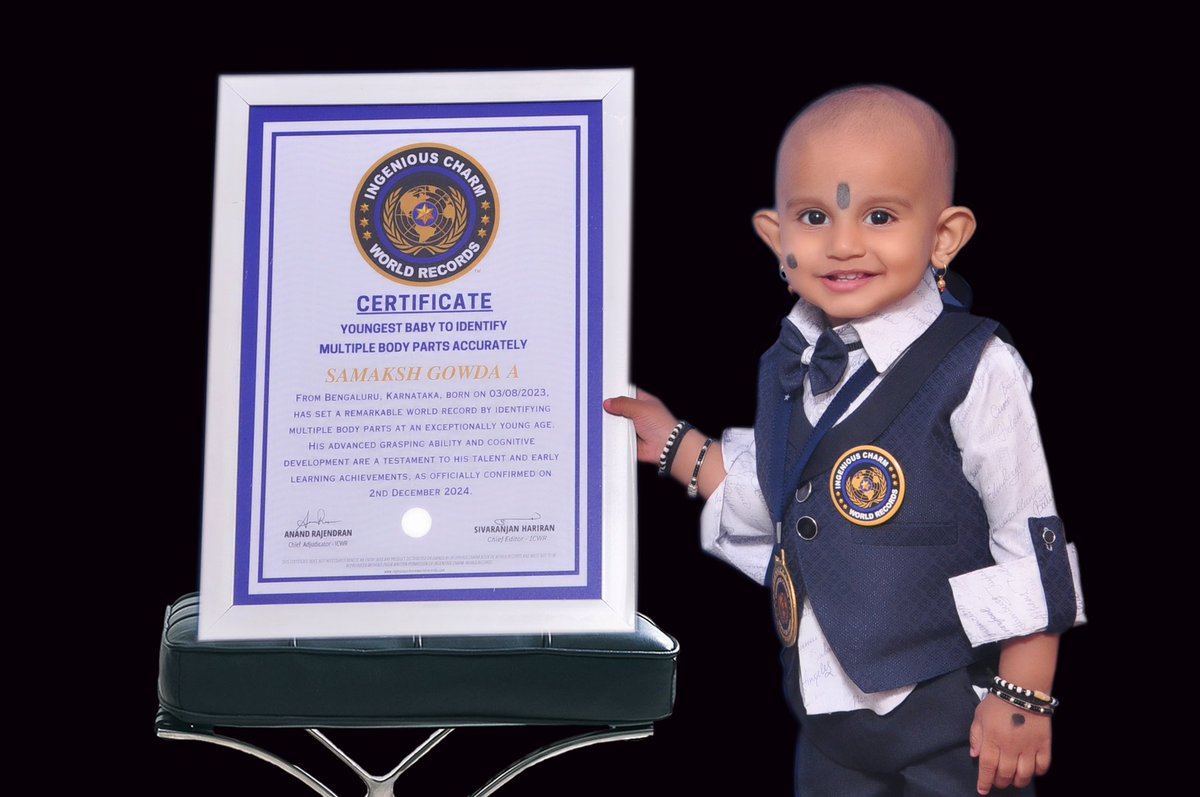 IngeniousCWR's tweet photo. World Record Title:
"Youngest Baby to Identify Multiple Body Parts Accurately"

Description:
Samaksh Gowda A from Bengaluru, Karnataka, born on 03/08/2023, has set a remarkable world record by identifying multiple body parts at an exceptionally young age. His advanced grasping ability and cognitive development are a testament to his talent and early learning achievements, as officially confirmed on 2nd December 2024.
#icwr #worldrecordholder
#specialperformance #mlartialarts
#ingeniouscharmworldrecords #silambam
#awardwinning #icwrgoldeniconicawards2024
#ingeniouscharmworldrecords
#internationalachiversbookofrecords
#worldrecordholder #icwr #talented #talentkids
#india #indian#metalnails #wowtalents
To Apply for World Records Contact:+91
8925182174
For More Details Visit ~ICWR Website:
https://t.co/4egcHHIZHb
ICWR Instagram: - https://t.co/cMrb3g9nTr
ingeniouscharmworldrecord?
igshid=MzRIODBiNWFIZA==
~ICWR YouTube:-
https://t.co/j8rcw94tRJ
si=Qit7K0GEqT2nS06J
~ ICWR Twitter:-
https://t.co/sMrgJGBAB4?
t=EoBiHrsNOpOG1tev79FGTw&s=09
~ ICWR Facebook Page:-https://t.co/FAtoMP4KTv
ingeniouscharmWorldRecords?mibextid=2JQgoc
