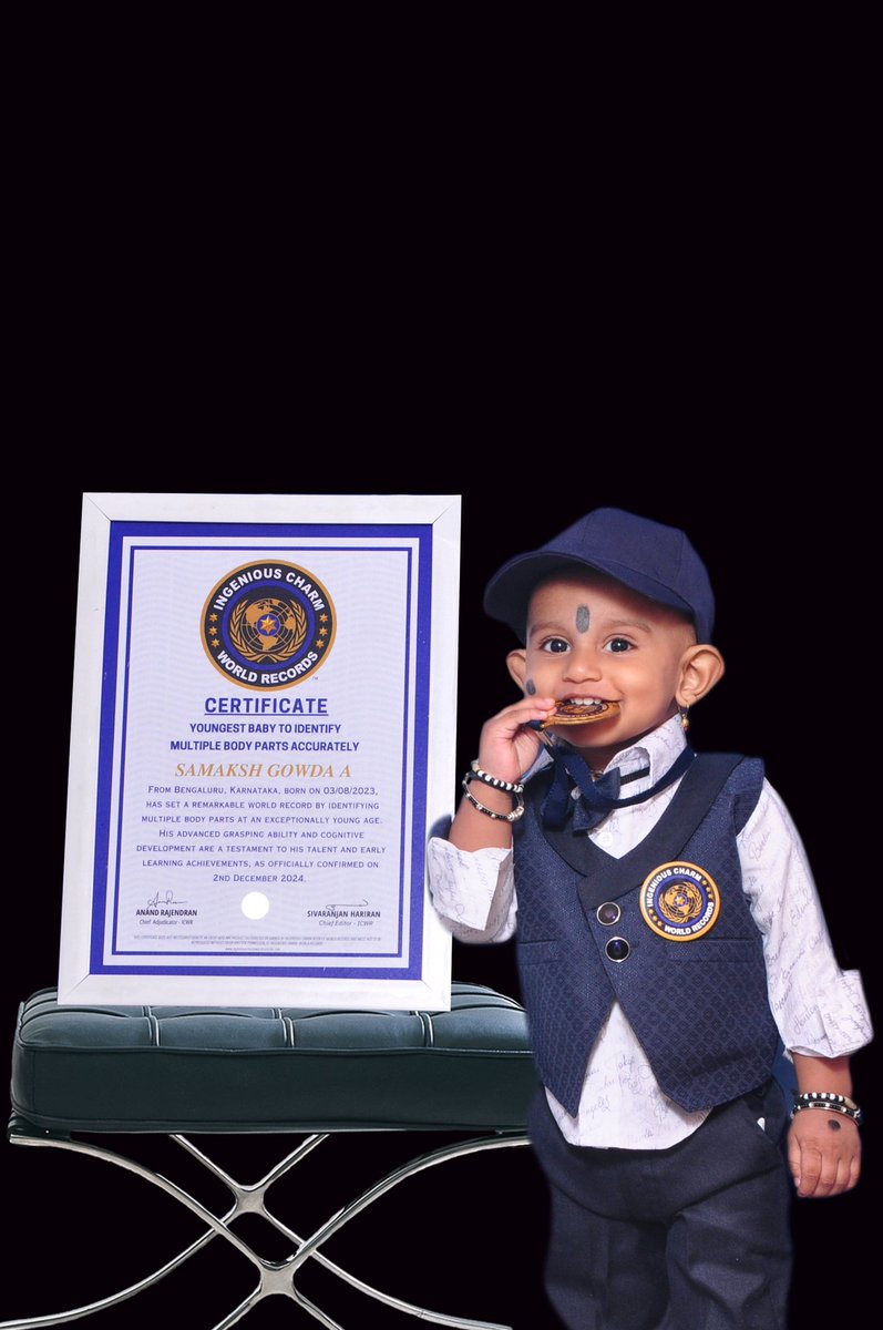 IngeniousCWR's tweet photo. World Record Title:
"Youngest Baby to Identify Multiple Body Parts Accurately"

Description:
Samaksh Gowda A from Bengaluru, Karnataka, born on 03/08/2023, has set a remarkable world record by identifying multiple body parts at an exceptionally young age. His advanced grasping ability and cognitive development are a testament to his talent and early learning achievements, as officially confirmed on 2nd December 2024.
#icwr #worldrecordholder
#specialperformance #mlartialarts
#ingeniouscharmworldrecords #silambam
#awardwinning #icwrgoldeniconicawards2024
#ingeniouscharmworldrecords
#internationalachiversbookofrecords
#worldrecordholder #icwr #talented #talentkids
#india #indian#metalnails #wowtalents
To Apply for World Records Contact:+91
8925182174
For More Details Visit ~ICWR Website:
https://t.co/4egcHHIZHb
ICWR Instagram: - https://t.co/cMrb3g9nTr
ingeniouscharmworldrecord?
igshid=MzRIODBiNWFIZA==
~ICWR YouTube:-
https://t.co/j8rcw94tRJ
si=Qit7K0GEqT2nS06J
~ ICWR Twitter:-
https://t.co/sMrgJGBAB4?
t=EoBiHrsNOpOG1tev79FGTw&s=09
~ ICWR Facebook Page:-https://t.co/FAtoMP4KTv
ingeniouscharmWorldRecords?mibextid=2JQgoc