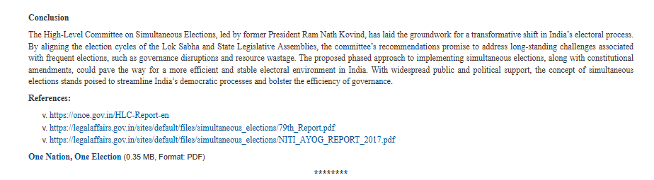 ANI's tweet photo. India’s democratic framework thrives on the vibrancy of its electoral process, enabling citizens to actively shape governance at every level. Since independence, over 400 elections to the Lok Sabha and State Legislative Assemblies have showcased the Election Commission of India’s commitment to fairness and transparency. However, the fragmented and frequent nature of elections has sparked discussions on the need for a more efficient system. This has led to the resurgence of interest in the concept of "One Nation, One Election." The High-Level Committee Report on Simultaneous Elections in India, released in 2024, provided a comprehensive roadmap for implementing this vision. Its recommendations were accepted by the Union Cabinet on 18th September 2024, marking a significant step towards electoral reform. Proponents argue that such a system could enhance administrative efficiency, reduce election-related expenditures, and promote policy continuity. As India aspires to streamline governance and optimise its democratic processes, the concept of "One Nation, One Election" has emerged as a key reform requiring thoughtful deliberation and consensus: Ministry of Law and Justice