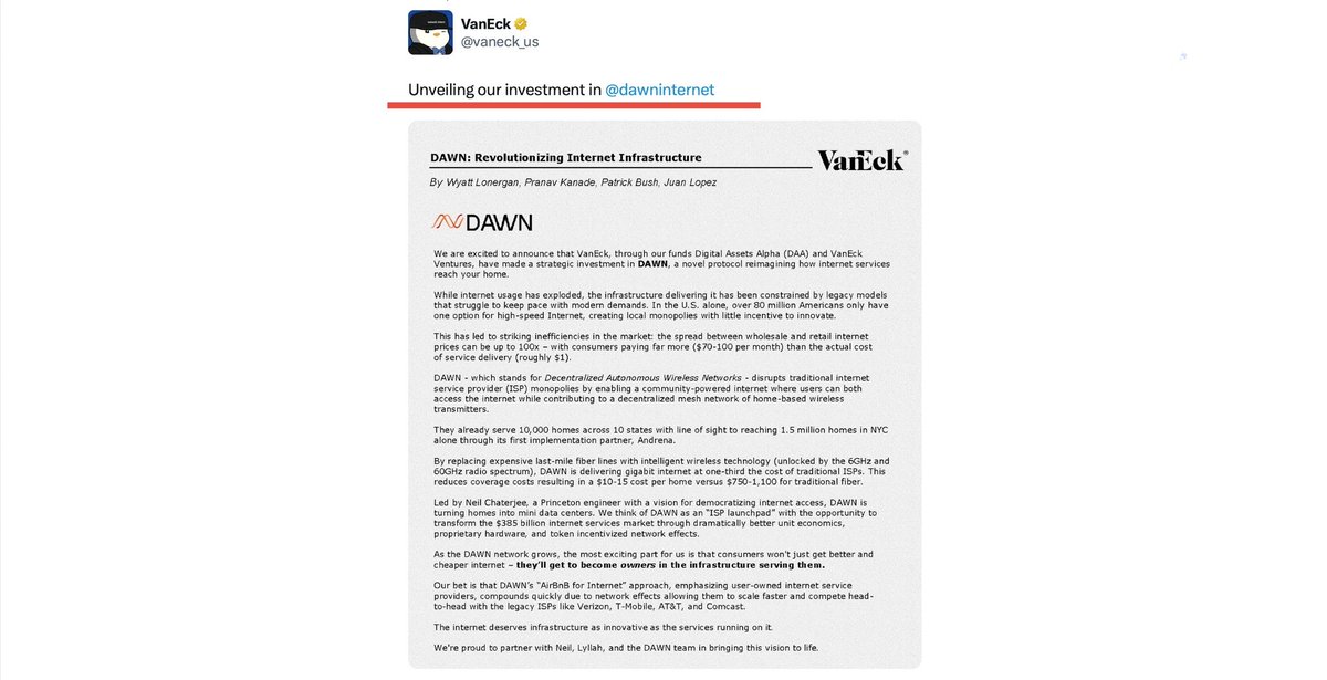 $120 Billion asset manager Vaneck revealed its $2.5M investment in the decentralized broadband project Dawn Internet. 

Here’s how you can qualify for its upcoming Airdrop:

1. Download extension: bit.ly/3SGljHX
2. Create account with email
3. Enter invite code: