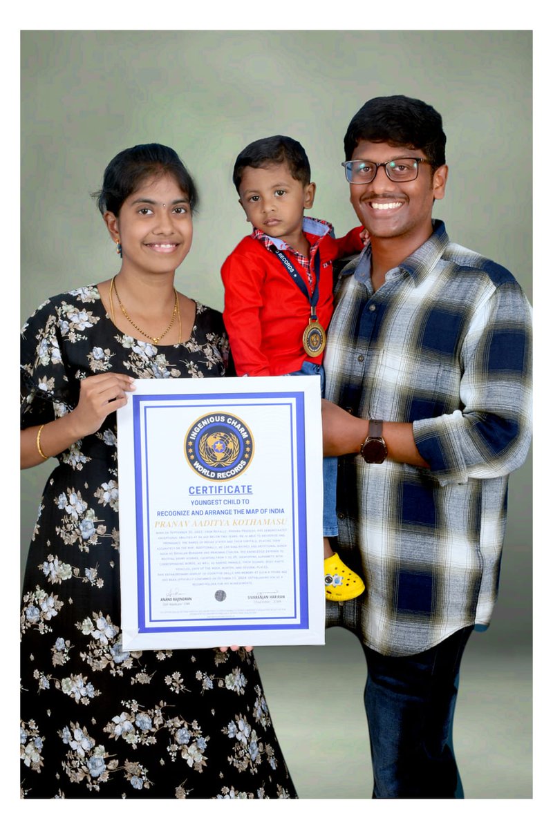 IngeniousCWR's tweet photo. **Title:** Youngest Child to Recognize and Arrange the Map of India .

**Description:**  
Pranav Aaditya Kothamasu, born on September 30, 2022, from Repalle, Andhra Pradesh, has demonstrated exceptional abilities at an age below two years. He is able to recognize and pronounce the names of Indian states and their capitals, placing them accurately on the map. Additionally, he can sing rhymes and devotional songs such as Shuklam Baradam and Hanuman Chalisa. His knowledge extends to reciting short stories, counting from 1 to 20, identifying alphabets with corresponding words, as well as naming animals, their sounds, body parts, vehicles, days of the week, months, and several places.

This extraordinary display of cognitive skills and memory at such a young age has been officially confirmed on **October 11, 2024**, establishing him as a record-holder for his achievements.
#icwr #worldrecordholder
#specialperformance #mlartialarts
#ingeniouscharmworldrecords #silambam
#awardwinning #icwrgoldeniconicawards2024
#ingeniouscharmworldrecords
#internationalachiversbookofrecords
#worldrecordholder #icwr #talented #talentkids
#india #indian#metalnails #wowtalents
To Apply for World Records Contact:+91
8925182174
For More Details Visit ~ICWR Website:
https://t.co/4egcHHIZHb
ICWR Instagram: - https://t.co/cMrb3g9nTr
ingeniouscharmworldrecord?
igshid=MzRIODBiNWFIZA==
~ICWR YouTube:-
https://t.co/j8rcw94tRJ
si=Qit7K0GEqT2nS06J
~ ICWR Twitter:-
https://t.co/sMrgJGBAB4?
t=EoBiHrsNOpOG1tev79FGTw&s=09
~ ICWR Facebook Page:-https://t.co/FAtoMP4KTv
ingeniouscharmWorldRecords?mibextid=2JQgoc