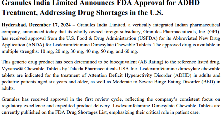 sanjeev_chesi's tweet image. Granules India Limited Announces FDA Approval for ADHD Treatment, Addressing Drug Shortages in the U.S. @GranulesIndia #ADHD #GPI #SUBSIDIARY #US #ANDA #NOD #USFDA @US_FDA