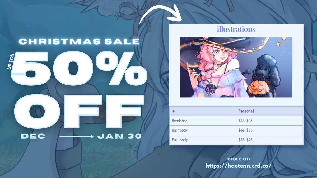 Haetenn's tweet photo. ❄️🩵 HOLIDAY SALE!! 🩵❄️

Hi everyone! my commissions are on sale until January 30th! Feel free to DM me if you'd like to get something drawn :33 ! check my website out to see all the new prices!

https://t.co/e178XV59vo https://t.co/SwyBxcCd7Q