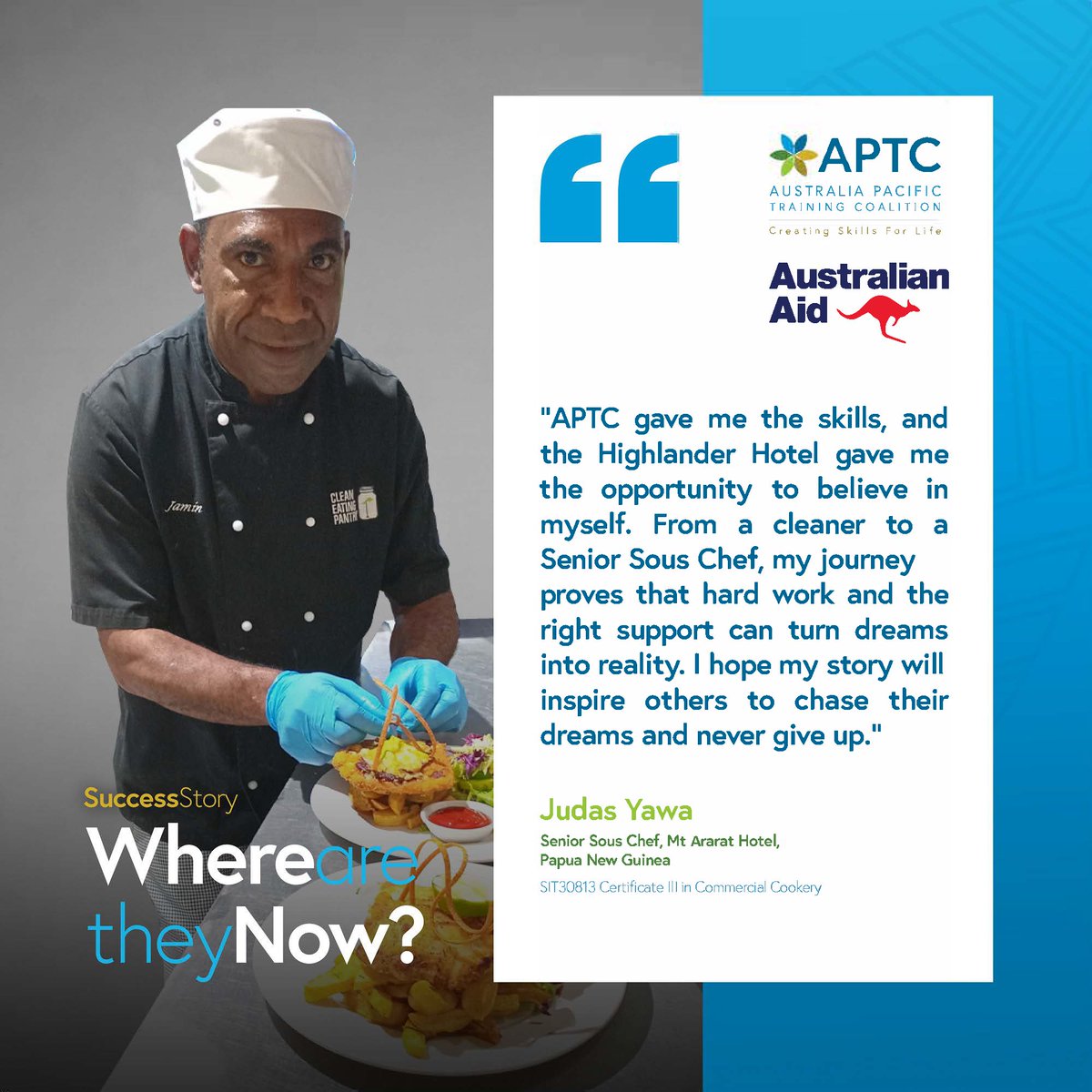 aptcpacific's tweet photo. 👨‍🍳 In Henagaru, Goroka 🇵🇬, dreams often seem out of reach. But #APTC graduate, Judas Yawa’s determination and resilience turned the impossible into reality. Starting as a cleaner and steward, he worked his way up to become a Senior Sous Chef. 👏
🔗https://t.co/roV67HfMCI 
 🇵🇬🤝🇦🇺 https://t.co/VKRyysIrKL