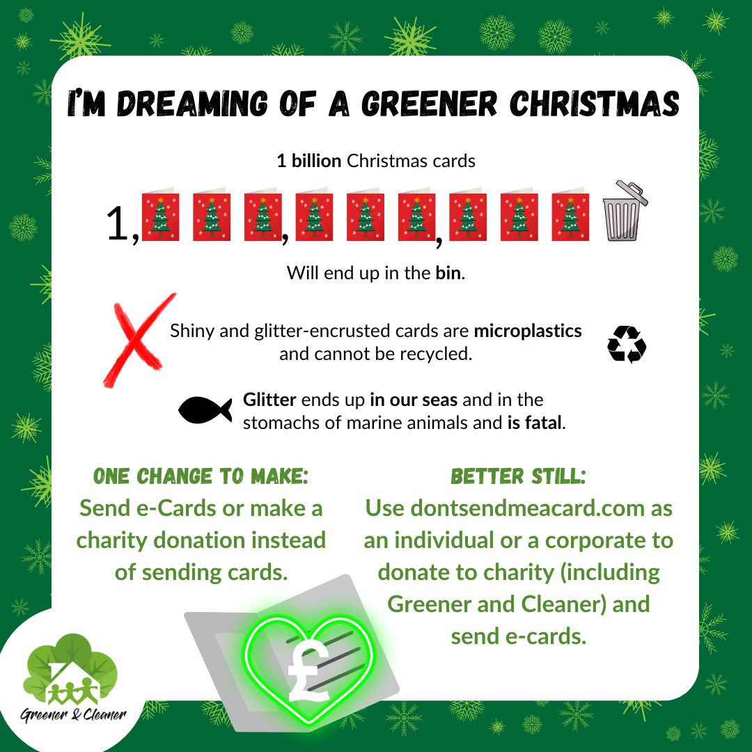 GreenercleanerB's tweet photo. 1 billion cards will end up in the bin each Christmas 😱
Save time, hassle and waste by sending e-cards this year. Get extra feels by supporting Greener and Cleaner with your e-cards on Don't Send Me A Card .com -  💚 https://t.co/fbhZVt1KjH