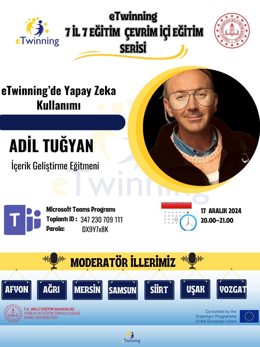 📣📣📣

‼️ BUGÜN ‼️

❇️ eTwinning Projelerinde Yapay Zeka Kullanımı 

🧑🏻‍🏫Adil TUĞYAN
👉🏻 eTwinning İçerik Geliştirme Eğitmeni   

🗓 17 Aralık 2024 
⏰ 20.00-21.00 

💼Toplantı Bilgileri 
👩🏼‍💻Toplantı ID : 347 230 709 111
🔐Parola: DX9Y7x8K
<a href="/agri_mem_arge/">Ağrı MEM Ar-Ge</a> <a href="/tugyanadil/">Adil Tuğyan</a> 
<a href="/tretwinning/">eTwinning Türkiye</a>