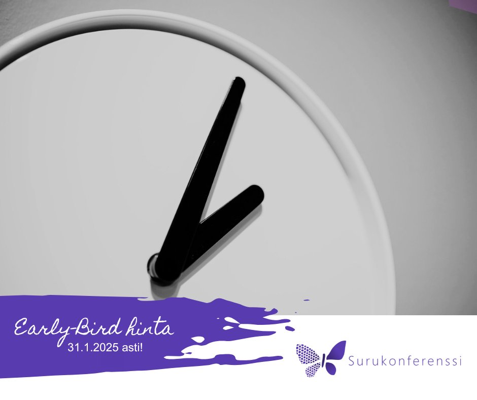 Huomioithan Surukonferenssin ilmoittautumisessa edullisemman Early Bird -hinnan, joka on voimassa 31.1.2025 asti. Voit tutustua hintoihin ja ilmoittautua konferenssiin täällä: surut.fi/ilmoittautumin…
