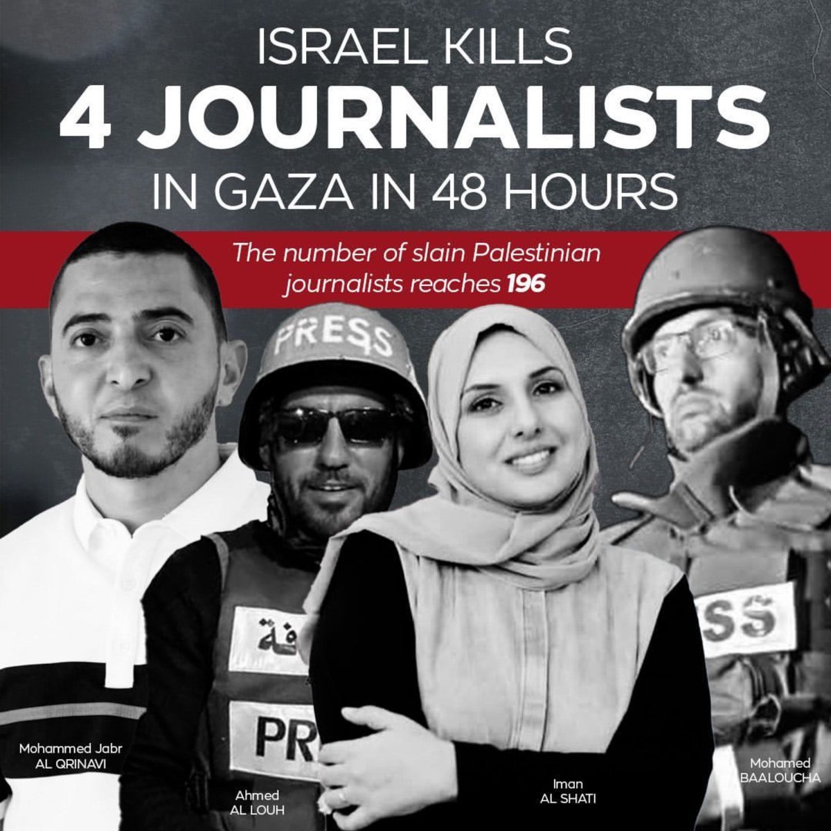 Israel’s Ongoing Assault on Palestinian Journalists in Gaza: Death Toll Rises to 196

The Israeli military continues its unrelenting targeting of Palestinian journalists, with four more killed in the past 48 hours. The latest victims—Ahmed al Louh, Mohammed Jabr al Qrinawi,