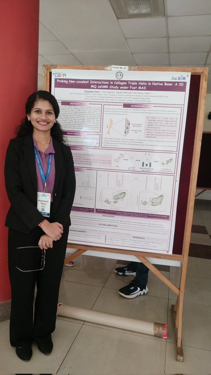 Looks like "Magenta🩷 magnetization" couldn’t resist hopping between me and my poster at the Indo-French Biomolecular NMR Winter School 2024, IIT Guwahati. 
Evidently, we’re a perfect magnetic duo🤭
 #NMR #ssNMR