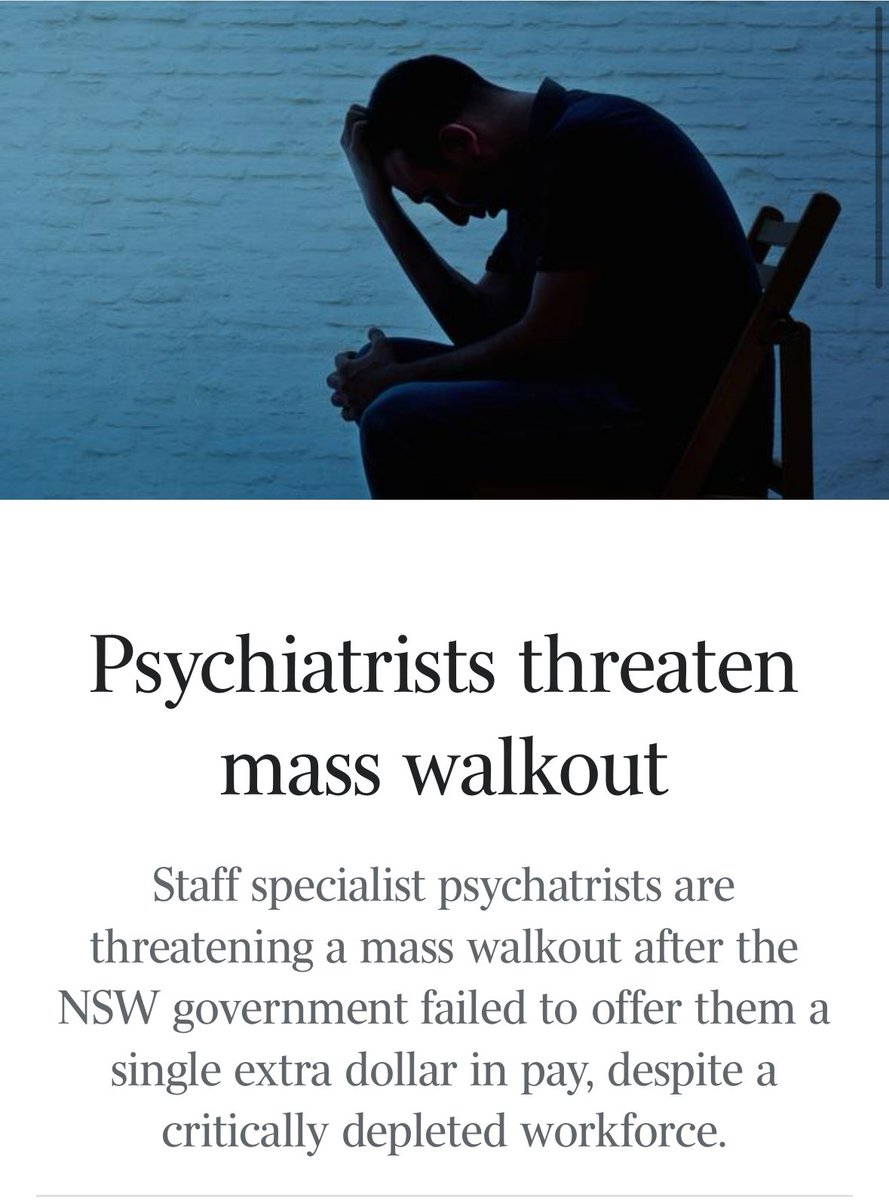 Jackie Rakov🎗️ (@psychwrite) on Twitter photo 150 NSW public sector psychiatrists have tendered their resignations to take effect on Jan 21. With one third of public sector jobs already vacant, this going to be an absolute decimation of an already desperate sector.
<a href="/angelo_virgona/">Angelo Virgona</a> #psychiatry #mentalhealth #psychtwitter 150 NSW public sector psychiatrists have tendered their resignations to take effect on Jan 21. With one third of public sector jobs already vacant, this going to be an absolute decimation of an already desperate sector.
<a href="/angelo_virgona/">Angelo Virgona</a> #psychiatry #mentalhealth #psychtwitter