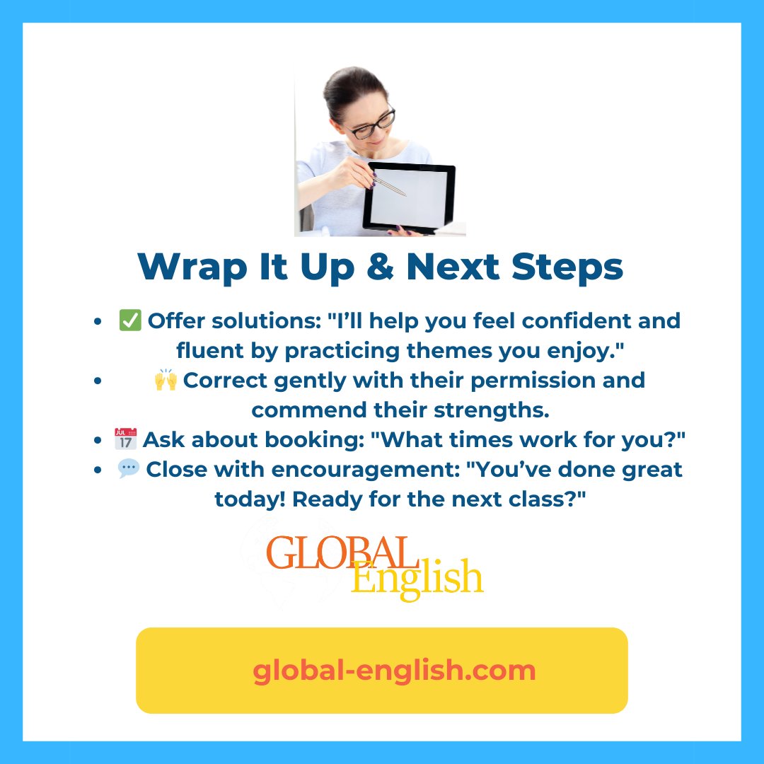 GlobalEnglishUK's tweet image. Ready to elevate your teaching game?Here are some  actionable tips that work when it comes to teaching online for the first time! For more, visit global-english.com⬅️ 

#englishteaching #onlineteaching #TESOL #ESL #Teach #triallessontips #tefl #teachertips #englishteacher