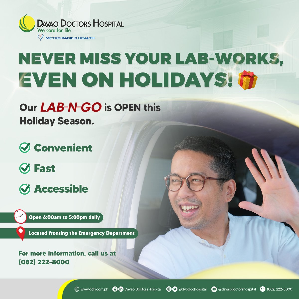 DvoDocHospital's tweet photo. Never miss your lab-works this Holiday Season. 🎁

For more information, call us at (082) 222-8000.

#DDHCares #LaboratoryDriveThru #LabNGo https://t.co/jJaBflKs6U