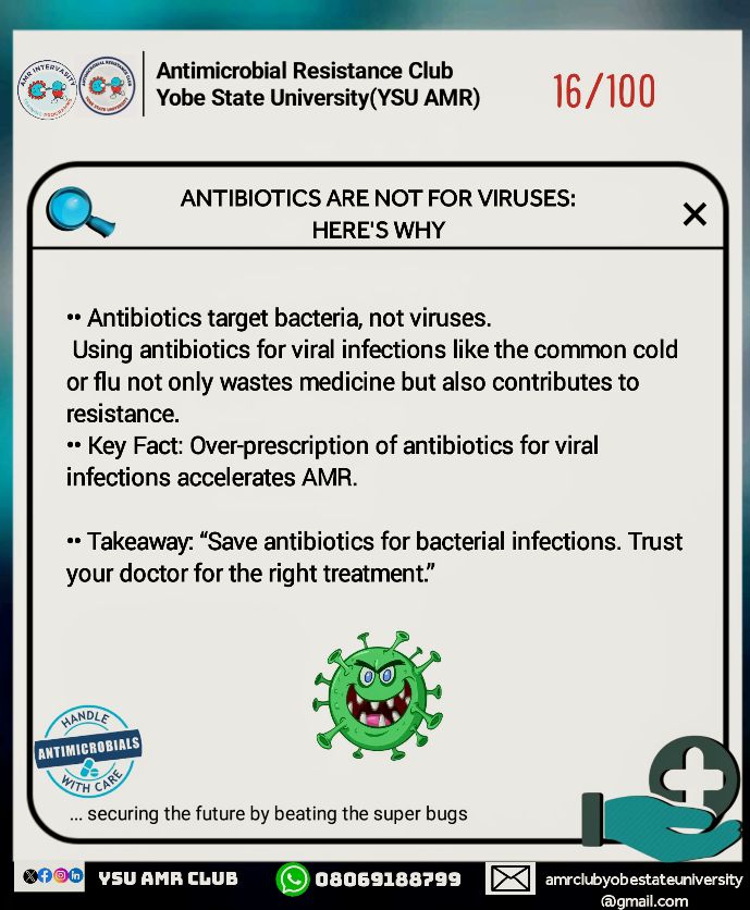 YSU AMR CLUB (@ysu_amr_club) on Twitter photo Use Antibiotics for bacterial infections. Trust your doctor for the right treatment!
AMR Club, YSU educates and Advocate about AMR.
<a href="/amr_program/">AMR Intervarsity Training Program</a>
<a href="/NCDCgov/">NCDC</a> <a href="/UN/">United Nations</a> <a href="/UNICEF/">UNICEF</a> <a href="/UNICEF_Nigeria/">UNICEF Nigeria</a> <a href="/alliance_a_amr/">Alliance Against Antimicrobial Resistance</a> <a href="/WHO/">World Health Organization (WHO)</a> <a href="/gardp_amr/">Global Antibiotic R&D Partnership (GARDP)</a> <a href="/AYARA_TF/">African Youth AMR Alliance Task force</a> Use Antibiotics for bacterial infections. Trust your doctor for the right treatment!
AMR Club, YSU educates and Advocate about AMR.
<a href="/amr_program/">AMR Intervarsity Training Program</a>
<a href="/NCDCgov/">NCDC</a> <a href="/UN/">United Nations</a> <a href="/UNICEF/">UNICEF</a> <a href="/UNICEF_Nigeria/">UNICEF Nigeria</a> <a href="/alliance_a_amr/">Alliance Against Antimicrobial Resistance</a> <a href="/WHO/">World Health Organization (WHO)</a> <a href="/gardp_amr/">Global Antibiotic R&D Partnership (GARDP)</a> <a href="/AYARA_TF/">African Youth AMR Alliance Task force</a>