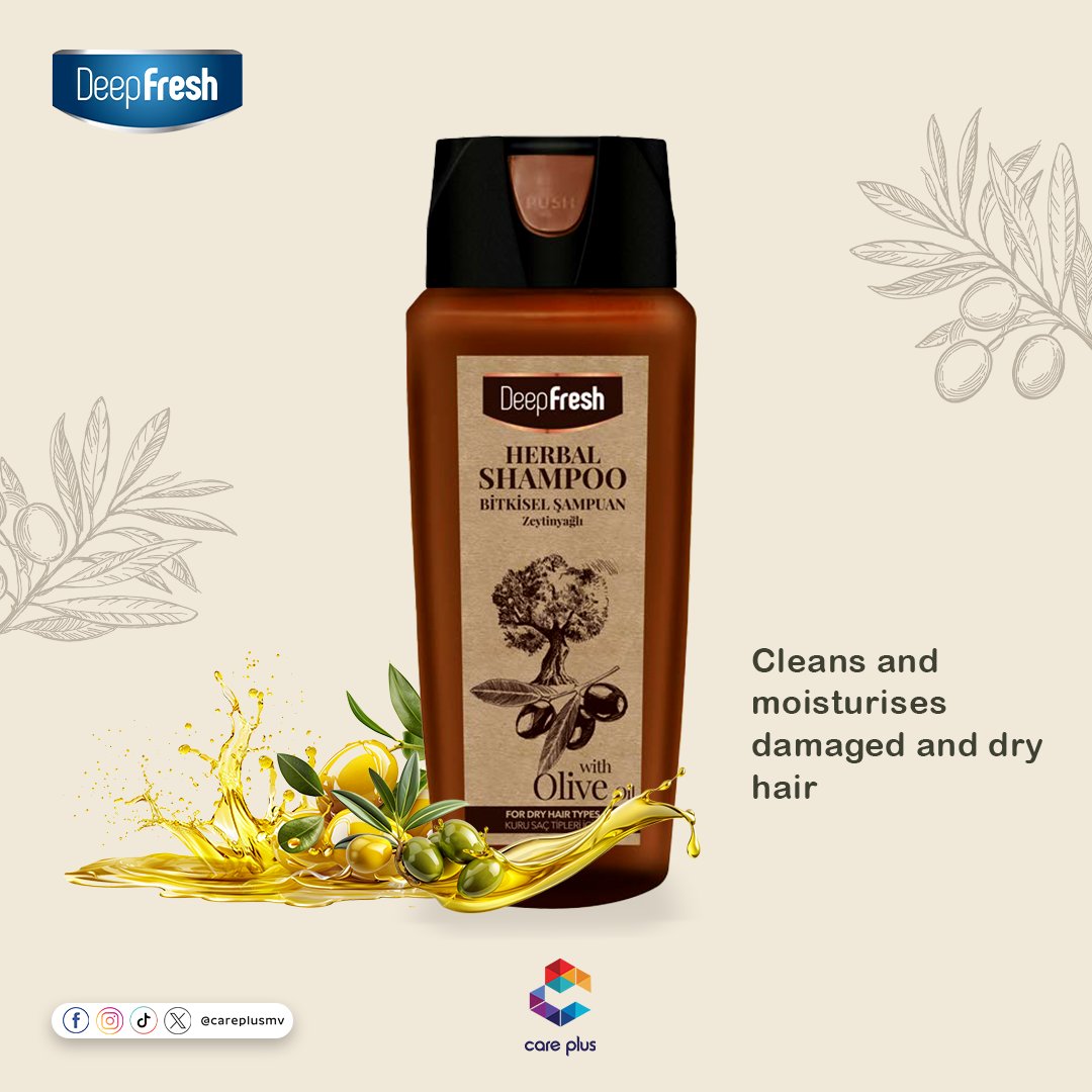 careplusmv's tweet image. 𝑫𝒆𝒆𝒑 𝑭𝒓𝒆𝒔𝒉 𝑯𝒆𝒓𝒃𝒂𝒍 𝑺𝒉𝒂𝒎𝒑𝒐𝒐 𝒘𝒊𝒕𝒉 𝑶𝒍𝒊𝒗𝒆 𝑶𝒊𝒍 𝑬𝒙𝒕𝒓𝒂𝒄𝒕
- Gently cleans, cares and moisturises damaged and dry hair from root to tip with olive oil

#careplusmv #deepfresh #HerbalShampoo #oliveoillovers