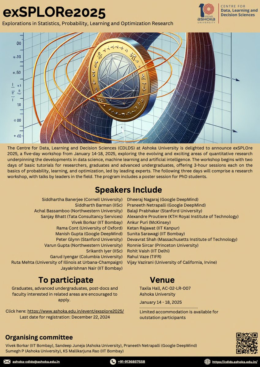 Sandeep Juneja (@sandeepjuneja66) on Twitter photo This is a very exciting event with talks by some of the top researchers. Please forward to PhD students, faculty and advanced undergraduates interested in quantitative aspects of data science, AI, learning. Few days left to the deadline. This is a very exciting event with talks by some of the top researchers. Please forward to PhD students, faculty and advanced undergraduates interested in quantitative aspects of data science, AI, learning. Few days left to the deadline.