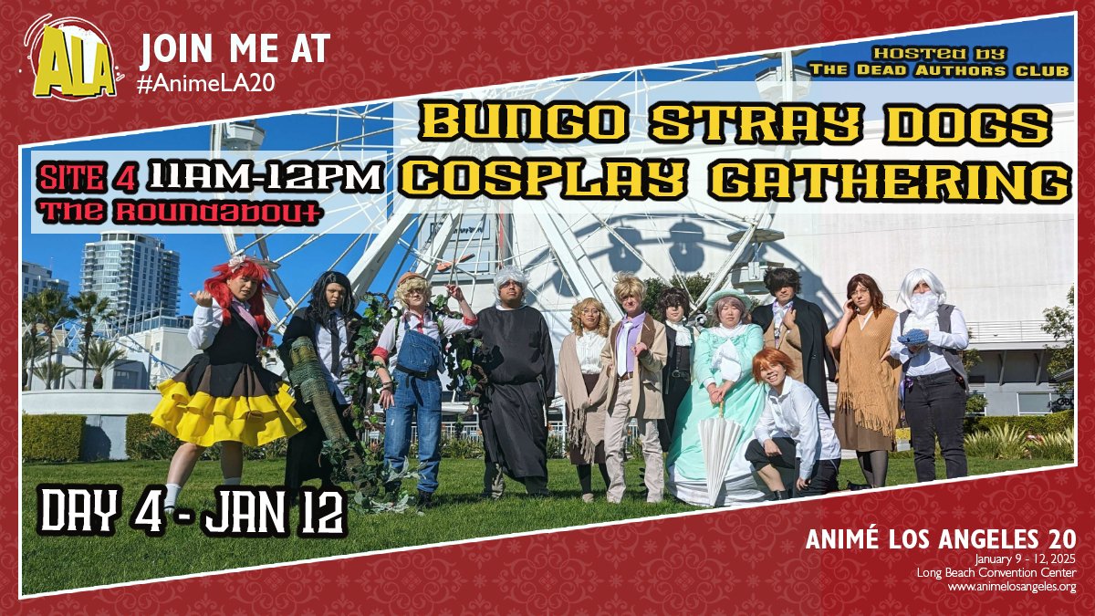 oddthicket's tweet photo. The Dead Authors Club is hosting our annual Bungo Stray Dogs Cosplay Gathering at #AnimeLA20! 

@anime_los_angeles 
Date: Day 4 (Sun Jan 12)
Time: 11 AM - 12 PM 
Location: Site 4 - The Roundabout 

As usual, we'll have #DeadAuthorsClub ribbons for gathering attendees! https://t.co/KFFPuWc0xB