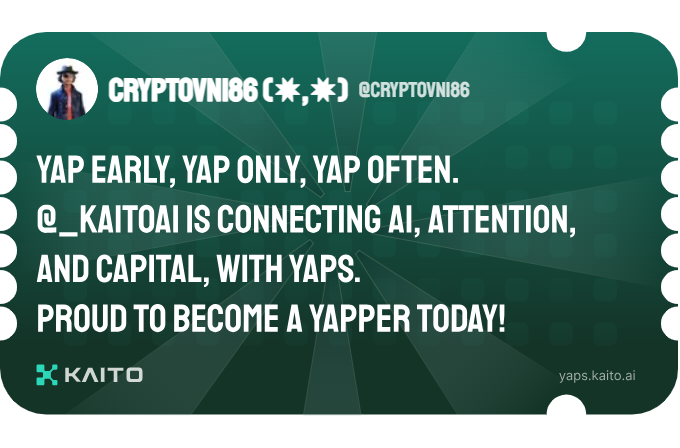Cryptovn186's tweet photo. Yap early, yap only, yap often.

@_kaitoai is connecting AI, attention and capital with Yaps.

Just claimed my social card and I'm accumulating Yap points in real-time.

Claim yours 👉 https://t.co/Aj2EzYUZDr https://t.co/SWvSHCphP9