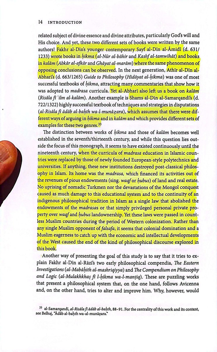Frank Griffel identifies 3 factors behind the decline of Islamic philosophy:

1. Colonial domination disrupted intellectual traditions.
2. Loss of waqf funding crippled madrasas.
3. Shift to Western education sidelined falsafa in favour of polytechnics.

Tradition dismantled.