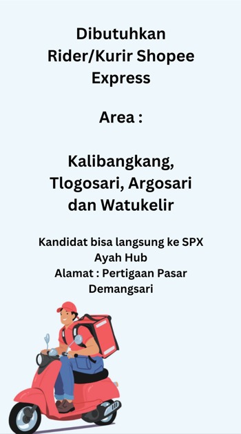 yopyop182's tweet photo. Monggo Sedulur yang membutuhkan.. 

Syaratnya punya SIM C, Kendaraan Pribadi dan Hafal daerah yang disebutkan

Terimakasih https://t.co/axegkZ8noI