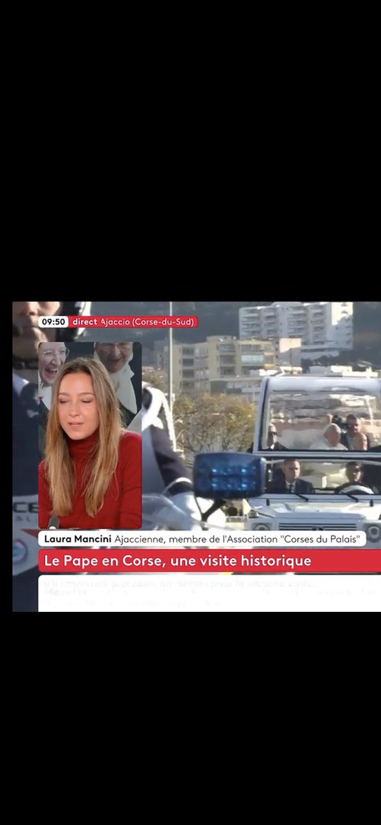 Le pape en Corse et Laura Mancini pour commenter sa visite!! 🤩😎
On aura tout fait ! <a href="/Corses_Palais/">Association des corses du Palais</a> <a href="/JGiannesini/">Jérôme Giannesini</a> <a href="/JeanChristoph2A/">Jean-Christophe GUERRINI</a> <a href="/FxavierEmma/">FX Emmanuelli</a> <a href="/fariceorlandi/">Orlandi</a>