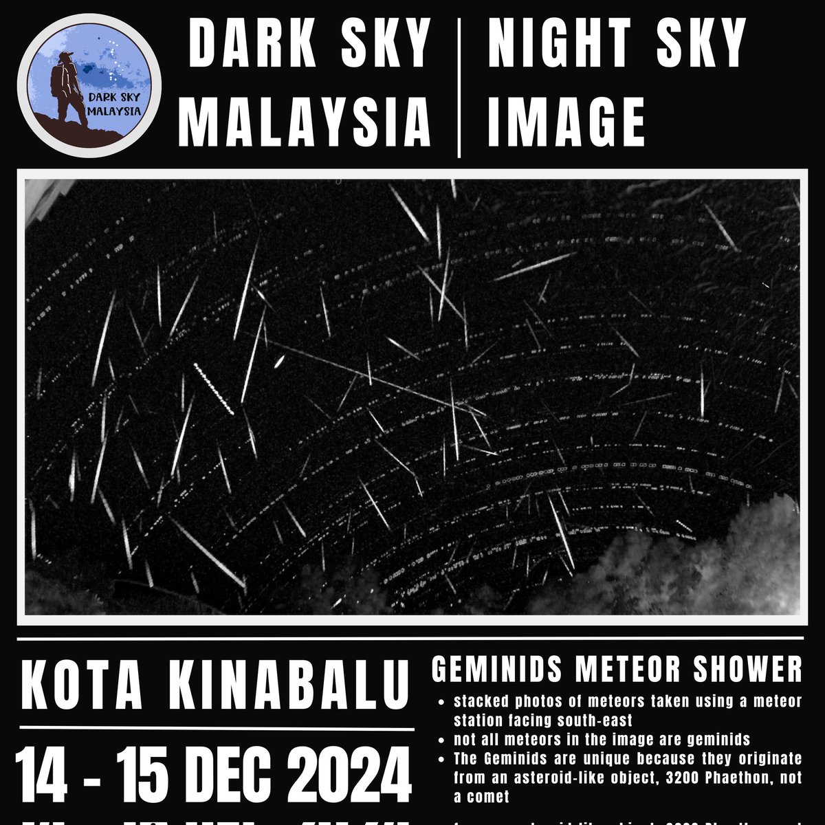 dark_malaysia's tweet photo. Captured 109 meteors last night.
Not all are Geminids but most of them are.

Testing out UPSI,Perak meteor station before deploying out. https://t.co/HdAFWqvNUe