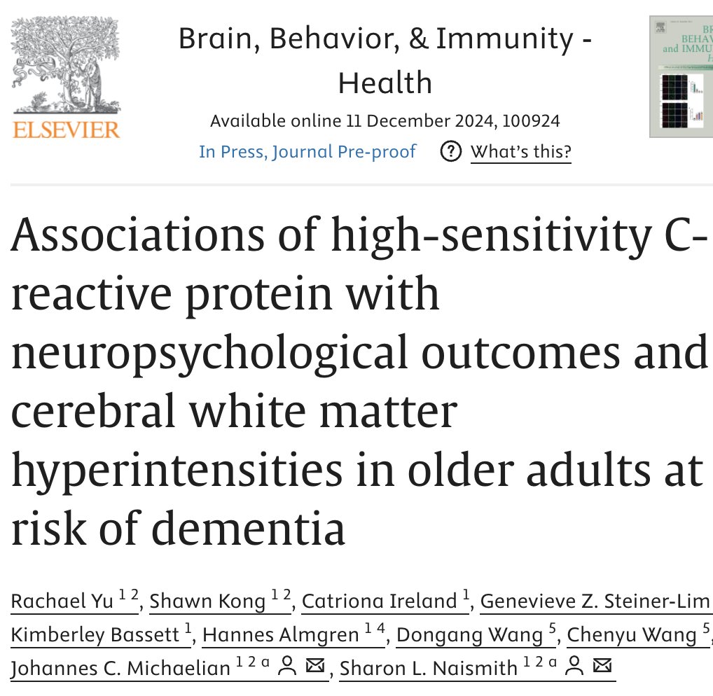 Sharon Naismith, AM, FASSA (@prof_naismith) on Twitter photo Very proud of our HDR scholar <a href="/RachaelYu23/">Rachael</a> - first paper examining markers of inflammation in SCD & MCI.. specifically high-sensitivity C-reactive protein. Check it out sciencedirect.com/science/articl…
<a href="/HBAProgram_USYD/">Healthy Brain Ageing Program, University of Sydney</a> <a href="/UsydPsych/">USYD Psychology</a> <a href="/BrainMind_Usyd/">Brain & Mind Centre</a> <a href="/CPC_usyd/">Charles Perkins Centre</a> Very proud of our HDR scholar <a href="/RachaelYu23/">Rachael</a> - first paper examining markers of inflammation in SCD & MCI.. specifically high-sensitivity C-reactive protein. Check it out sciencedirect.com/science/articl…
<a href="/HBAProgram_USYD/">Healthy Brain Ageing Program, University of Sydney</a> <a href="/UsydPsych/">USYD Psychology</a> <a href="/BrainMind_Usyd/">Brain & Mind Centre</a> <a href="/CPC_usyd/">Charles Perkins Centre</a>