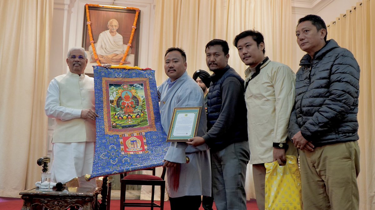 TYCentrex's tweet photo. 15th Dec 2024, TYC bike rally participants had the honor of meeting His Excellency Shri Rajendra Vishwanath Arlekar Ji, Governor of Bihar. TYC President expressed gratitude with a Thanka &amp; scarf. The Governor extended his best wishes &amp; hosted us for high tea. #TYC #FreeTibet https://t.co/NQFia3wIqN