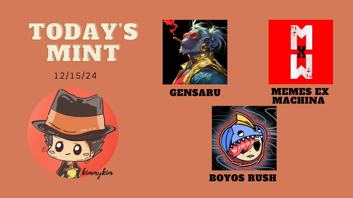 kimmykim_nft's tweet photo. Today’s Mints 12/15/24

•Gensaru 
•Memes ex Machina 
•Boyos Rush

1) Gensaru by @ivorytowers11

Price: 8ape
Supply: 333
Chain: Apechain

Founder is an OG digital artist/content creator in the space and this collection might gather support from friends. I think this would at least burger to decent profits.

2) @2049LABS

Price: Free
Supply: TBA
Chain: Apechain

Interesting project that would drop meme NFTs soon just like what @6529Collections have been doing for a long time already in Ethereum. The first mint is called Memecard #0 - "B.A.N.A.N.A.". I think this would do well specially that it’s a first in Apechain.

3) @BoyosRush

Price: OG Free / WL 0.012sol / Public 0.02sol
Supply: 1444
Chain: Solana

Degen mint on Solana. The mint structure is bad and could easily lead to OGs dumping to WL and WLs dumping to Public. It’s cheap so there is a low risk. I don’t think this would do well for the WL or Public phase.