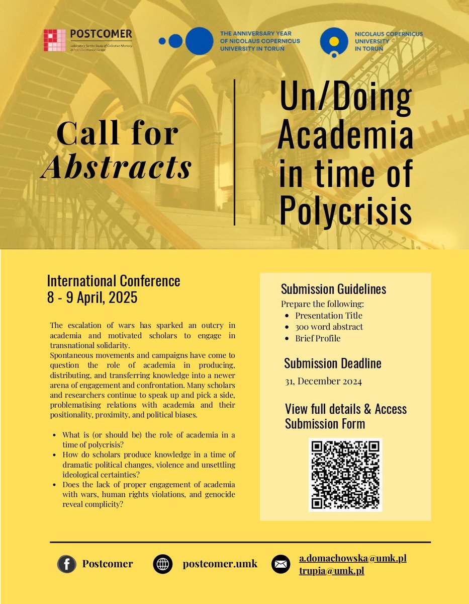 We would like to remind you that the deadline to submit your proposal for the Un/Doing Academia in time of Polycrisis is coming up on December 31, 2024. #conference #cfa #academia #polycrisis <a href="/UMK_Torun/">UMK Torun</a>