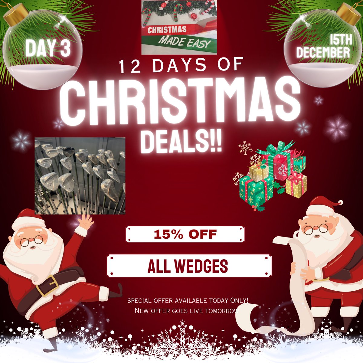 HartfordGolfC's tweet image. Day 3 of the 12 days of Christmas deals is here! 

We are going strong with our Christmas deals, and day 3 brings 15% off all wedges! 

Keep following for daily special Christmas offers…who knows what tomorrow will bring?!

Shop local, shop right this Christmas at #hartfordgolf