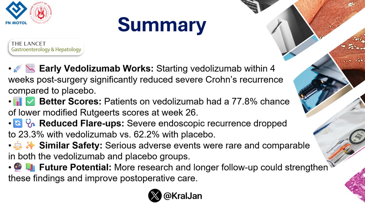 🔬🚀 #CrohnsDisease News‼️ 

🔗📘 tinyurl.com/ydwentvd

✅The REPREVIO trial tested early vedolizumab use after ileocolonic surgery to prevent recurrence. 

💡Let’s see what happened⬇️

#IBD #GiTwitter #MedTwitter #MedEd #Crohns 

<a href="/my_ueg/">my_UEG</a> <a href="/Y_ECCO_IBD/">Y-ECCO</a> <a href="/LancetGastroHep/">The Lancet Gastroenterology & Hepatology</a>