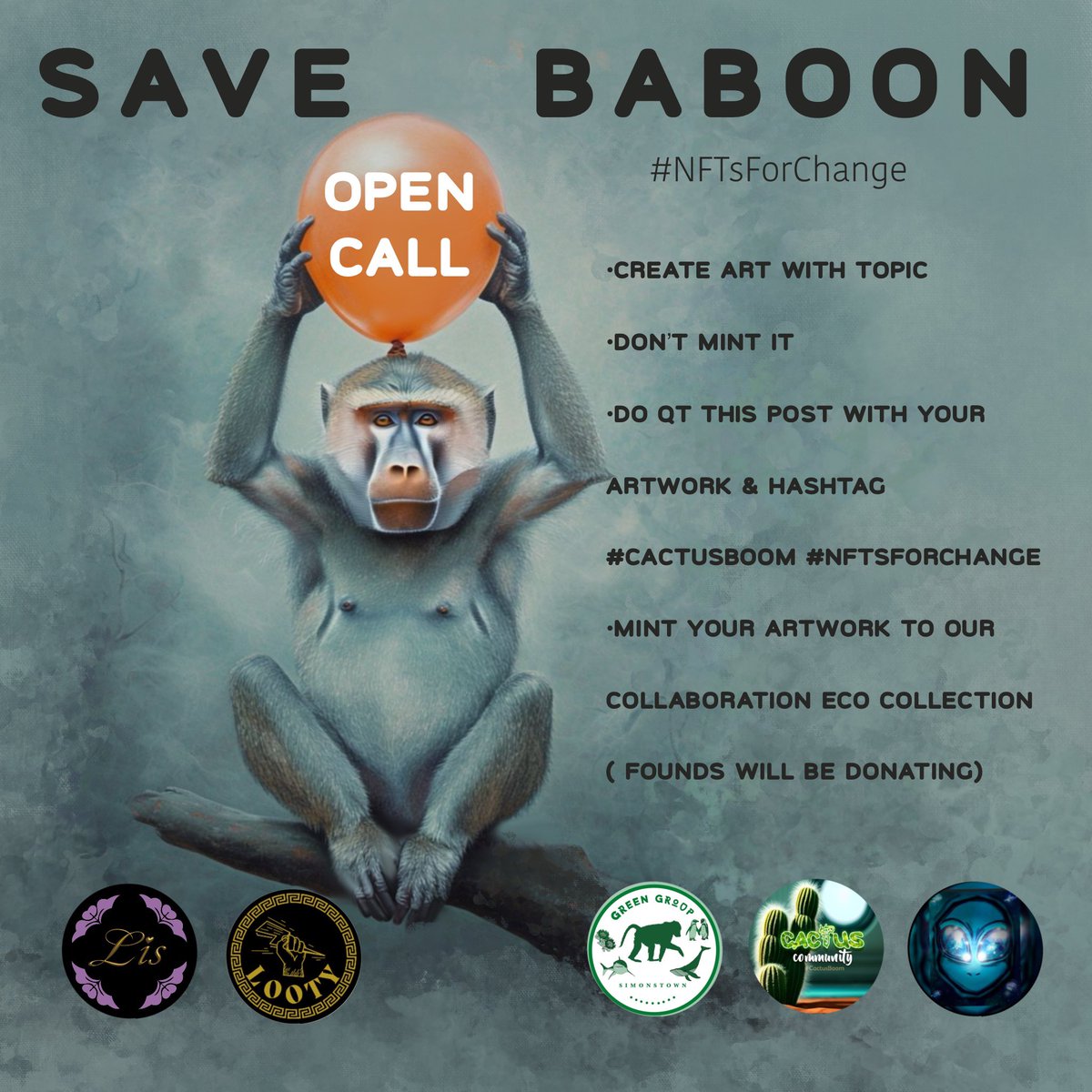 🐒🌵OPEN CALL!🌵🐒

#CactusBoom  community invites you to take part in the charitable open call on the topic:

🐵"Save Baboon"🐵 #NFTsForChange

Artworks will be minted to 
“Eco Collection” on objkt.com

 🐒🐒🐒🐒🐒🐒🐒🐒
#BaboonLivesMatter
x.com/cactus_boom/st…