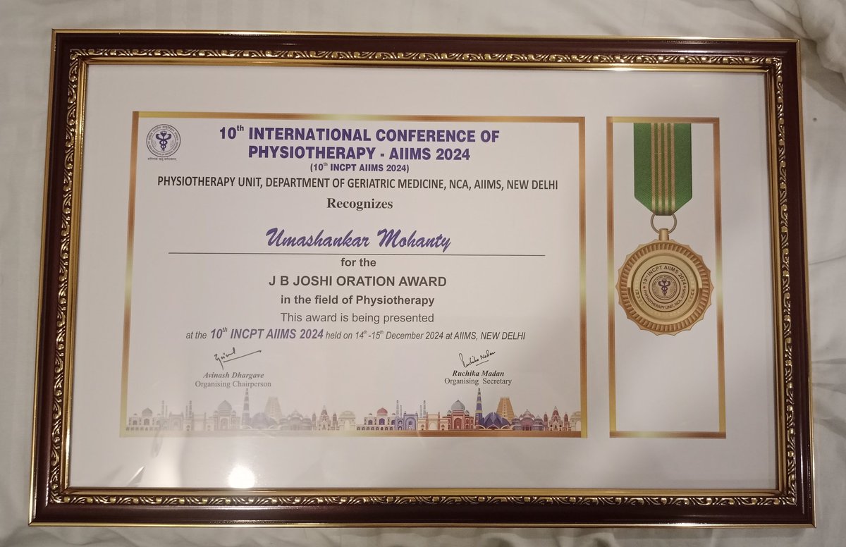 physiomohanty's tweet photo. Pleased to receive the most Prestigious J.B. Joshi Oration award at 10th International Conference of Physiotherapy- 2024 organised at All India Institute of Medical Sciences ( AIIMS), New Delhi on December 14th and 15th, 2024.
#incpt2024; #aiims ,#mtfi, #umasankarmohanty https://t.co/rYqKVEIGYb