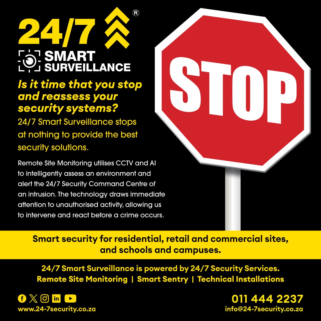 247SecurityZA's tweet image. Old solutions don&apos;t work for new challenges. 
Is it time to stop and reassess your security systems?

#247smartsurveillance #remotesitemonitoring #offsitemonitoring #CCTV
#team247 #proudly247 #247security #247securityservice🇿🇦