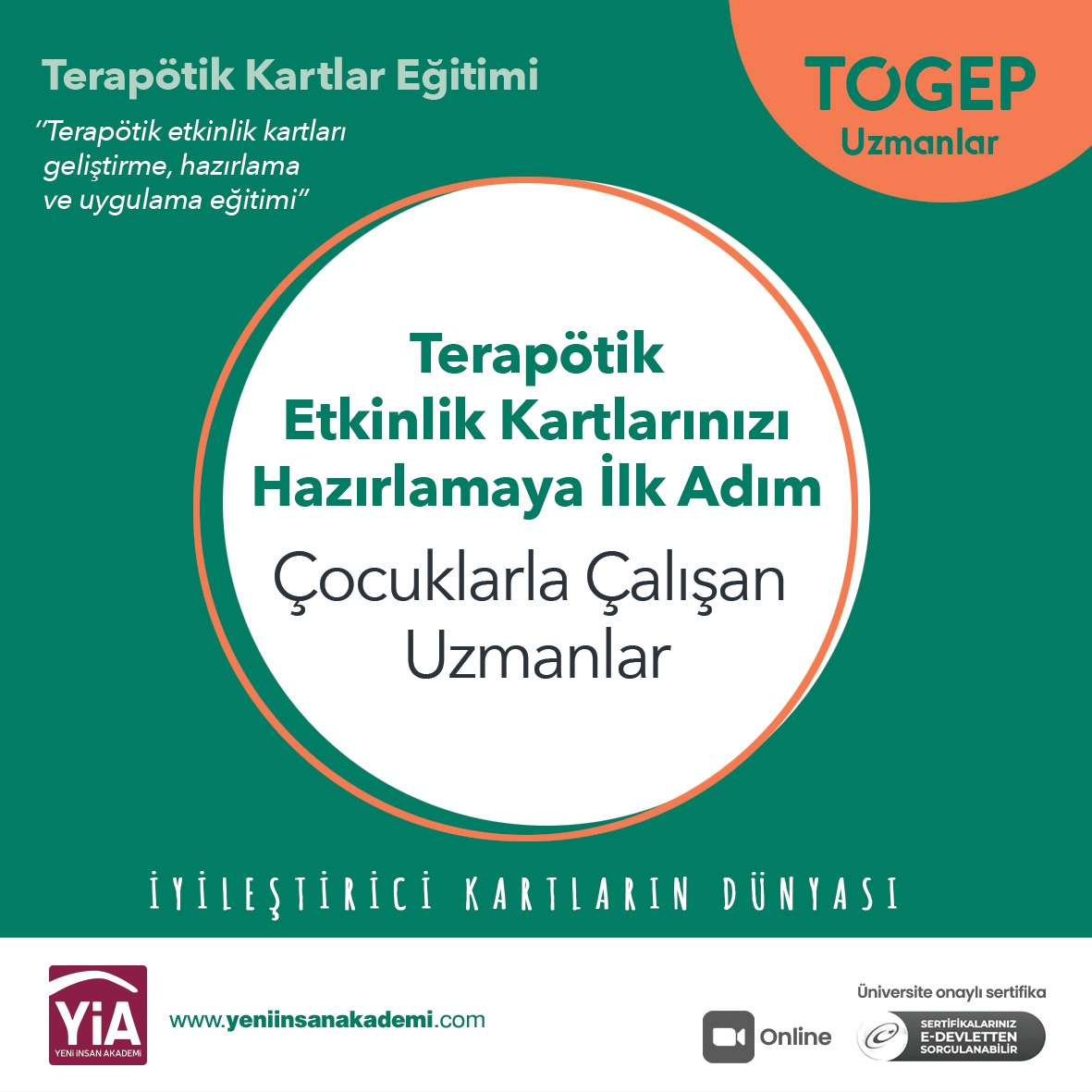 🔆 İyileştirici kartlar...

Çocuklarla çalışan uzmanlar için, TOGEP Terapötik Kartlar Eğitim Programı hazırladık.

🔆 DETAYLAR ve ÖN BAŞVURU 
Tarih: 23 Aralık Pazartesi 21:00-22:00
Moderatör: Klinik Psikolog Talha Tolunalp 
Mecra: Zoom

yeniinsanakademi.com/yia-egitim-on-…