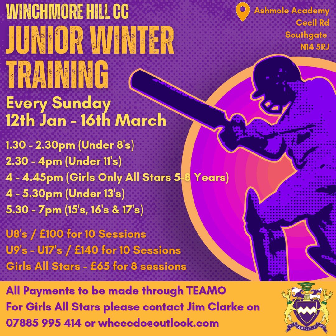 Winchmore Hill CC (@winchmorehillcc) on Twitter photo Junior Training starts on the 12th January - we have a great coaching team confirmed with a girls group as well
To book please contact Jim on 07885995414 or whcccdo@outlook.con
#southgate
#Enfield
#NorthLondon
#Winchmorehill
#cricket
#Christmas Junior Training starts on the 12th January - we have a great coaching team confirmed with a girls group as well
To book please contact Jim on 07885995414 or whcccdo@outlook.con
#southgate
#Enfield
#NorthLondon
#Winchmorehill
#cricket
#Christmas