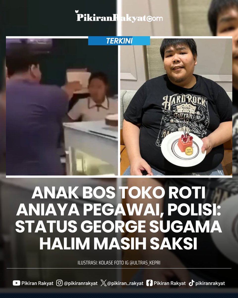 pikiran_rakyat's tweet photo. Nama George Sugama Halim terseret dalam kasus anak bos toko roti menganiaya pegawai. Ia diduga menjadi pelaku penganiayaan yang bahkan sampai membuat korban harus dirawat secara intensif tersebut.

Isu penganiayaan ini viral di media sosial termasuk yang diunggah Instagram medsos_rame pada hari ini, Minggu 15 Desember 2024. Diketahui unggahannya sudah mendapat lebih dari 1.000 komentar, banyak warganet yang mengecam aksi tersebut dan mendesak pelaku dihukum agar jera. George Sugama Halim, saat menganiaya, diduga meng

Kasi Humas Polres Metro Jakarta Timur, AKP Lina Yuliana, buka suara soal penyelidikan terhadap George yang diduga menjadi pelaku penganiayaan terhadap pegawai toko roti milik orangtuanya tersebut. Lina menyatakan pihaknya sudah memeriksa empat saksi.

"Empat saksi yang sudah diperiksa. (Status terlapor yaitu George Sugama Halim) saksi," katanya, dilansir dari laman resmi PMJ News.

Akhamd Jauhari/PRMN

Selengkapnya di https://t.co/0oP4C5h68y

#news #viral #jakarta #tokokue