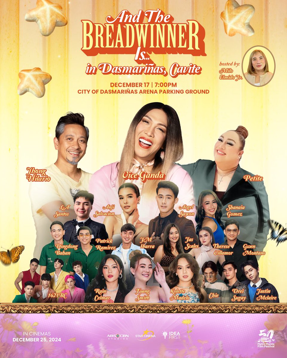 StarCinema's tweet photo. CAVITE, KAYO NAMAN! 💖🏆

Kabog na performance at saya ang hatid ng 'And The Breadwinners Is...' cast, ang MEME nating lahat, Vice Ganda, Jhong Hilario, at Petite sa darating na DECEMBER 17, 7PM sa City of Dasmarinas Arena Parking Ground! 

Makikipagkulitan rin sina LA Santos, Anji Salvacion, Argel Saycon, Shanaia Gomez, PBB Gen 11 Housemates Fyang Smith, Kolette Madelo, Rain Celmar, Dingdong Bahan, Patrick Ramirez, JM Ibarra, Jas Scales, Therese Villamor at Gwen Montano, 1621 BC, Chie, Drei Sugay at Justin Mclaire!

Gawing MEME-rriest ang pasko kasama ang buong pamilya! Unahing panoorin ang #AndTheBreadwinnerIs, a film by Jun Robles Lana and an official entry to the 50th MMFF!  🎄 #MMFF50

Get your tickets now!

SM CINEMAS
iOS: https://t.co/ZWGMm2Ldkr
Play Store: https://t.co/i1SV16ECos
🎟: SM Cinema ticket booths

STAR MALL CINEMAS
https://t.co/XpkwOJDKP8

AYALA MALLS
https://t.co/ZrWBHa162v

ROBINSONS MOVIEWORLD
https://t.co/eyfuvpYqzZ