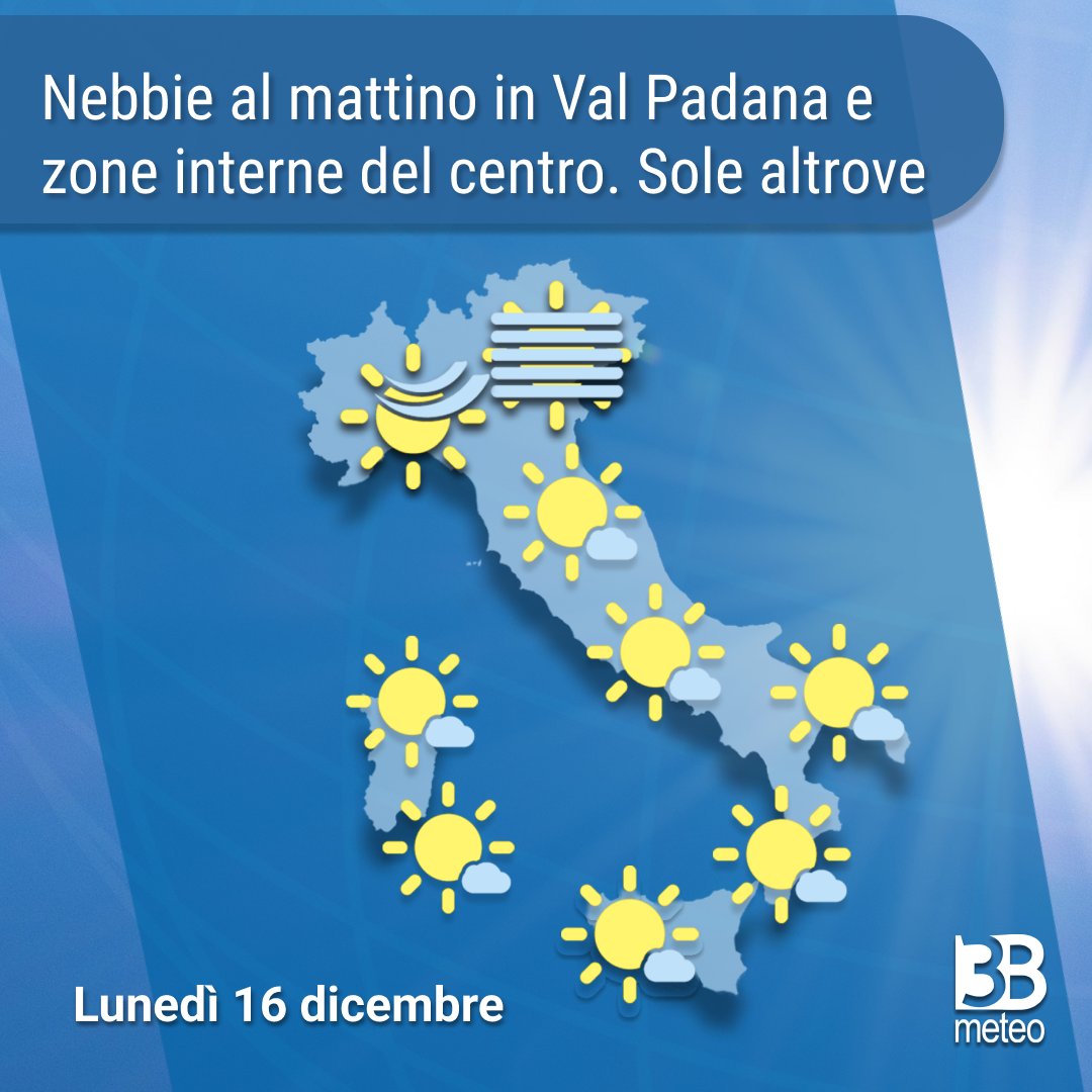 3BMeteo's tweet photo. #Meteo: graduale rimonta dell'alta pressione sul Mediterraneo. Attenzione ai banchi di #Nebbie di notte ed al mattino su val Padana e zone interne del Centro.
#3BMeteo https://t.co/ILfNzxBxtB