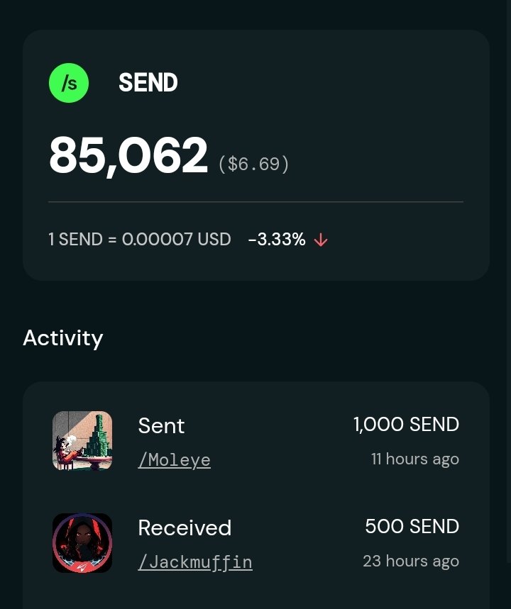 🚨 PROGRESS REPORT 🚨
As a newbie in the <a href="/Send/">Send</a> army, I have accumulated over 85,000 $SEND tokens on DAY 15. 🔥

I will be posting my progress so follow me and stay updated. 

<a href="/ethentree/">/ethen 🌳</a> <a href="/EliteKingsman/">Kingsman</a> @web3favor <a href="/XinoZee01/">0xXinoZ.BTC</a> <a href="/Kinguchee_e/">Kinguchee ♔</a> <a href="/ghostofiyanu/">Ghost 🇳🇬</a>

My tag : /Mahvey