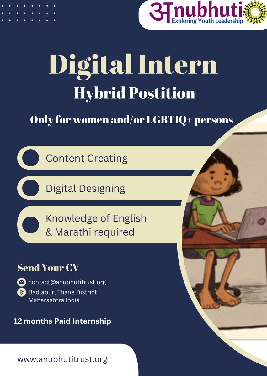 Anubhuti (@anubhutitrust) on Twitter photo Good morning and Zindaabaad to all!
Looking for a #DigitalIntern, to handle creatives and content for our online presence.
This is a #hybrid #internship, for #12months
Open for women and/or LGBTQIAP+ persons, do apply soon!
Send your resume to contact@anubhutitrust.org Good morning and Zindaabaad to all!
Looking for a #DigitalIntern, to handle creatives and content for our online presence.
This is a #hybrid #internship, for #12months
Open for women and/or LGBTQIAP+ persons, do apply soon!
Send your resume to contact@anubhutitrust.org