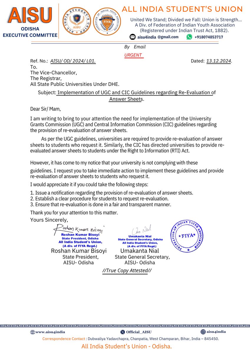 Odisha State Public Universities are not following the order of UGC &amp; CIC  regarding reevaluation of answersheet. So AISU requests to all Universities to make provision of re-evaluation process  <a href="/Official_AISU/">All India Student's Union ( AISU )</a> <a href="/DHE_Odisha/">Higher Education Department, Govt. of Odisha 🇮🇳</a> <a href="/utkaluniversity/">utkaluniversity </a> <a href="/RajendraUniv_20/">Rajendra University, Prajna Vihar, Balangir</a>  <a href="/BUniversiy/">Berhampur University</a> <a href="/ugc_india/">UGC INDIA</a>
