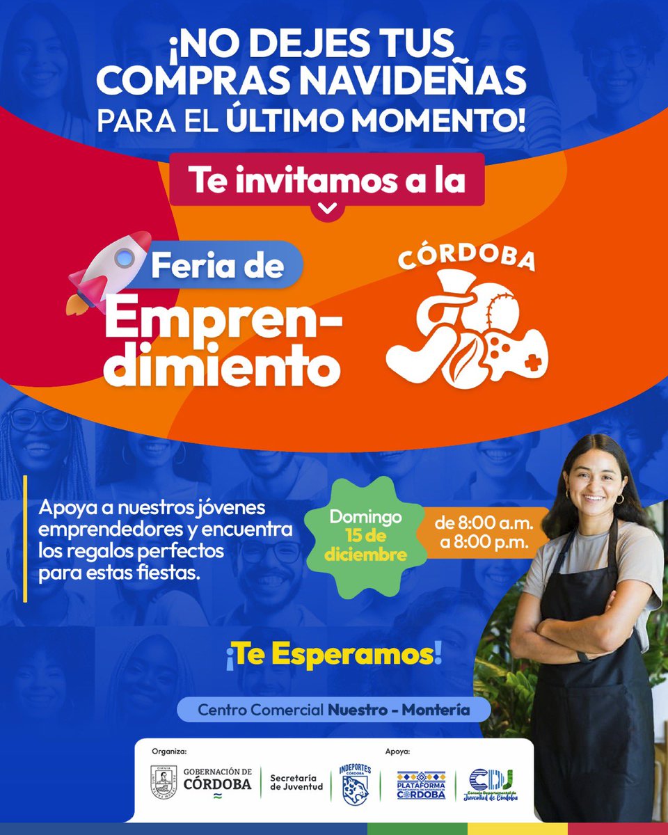 SecJuventud_cor's tweet photo. Porque las compras navideñas las haremos en la Feria de emprendimiento Córdoba Joven🤩

Los esperamos mañana en el Centro Comercial Nuestro de Montería desde las 8:00 de la mañana para apoyar a los emprendedores cordobeses y dejar listo el regalito de navidad 🎁🎄
#CórdobaJoven https://t.co/ofZ41WSPF7
