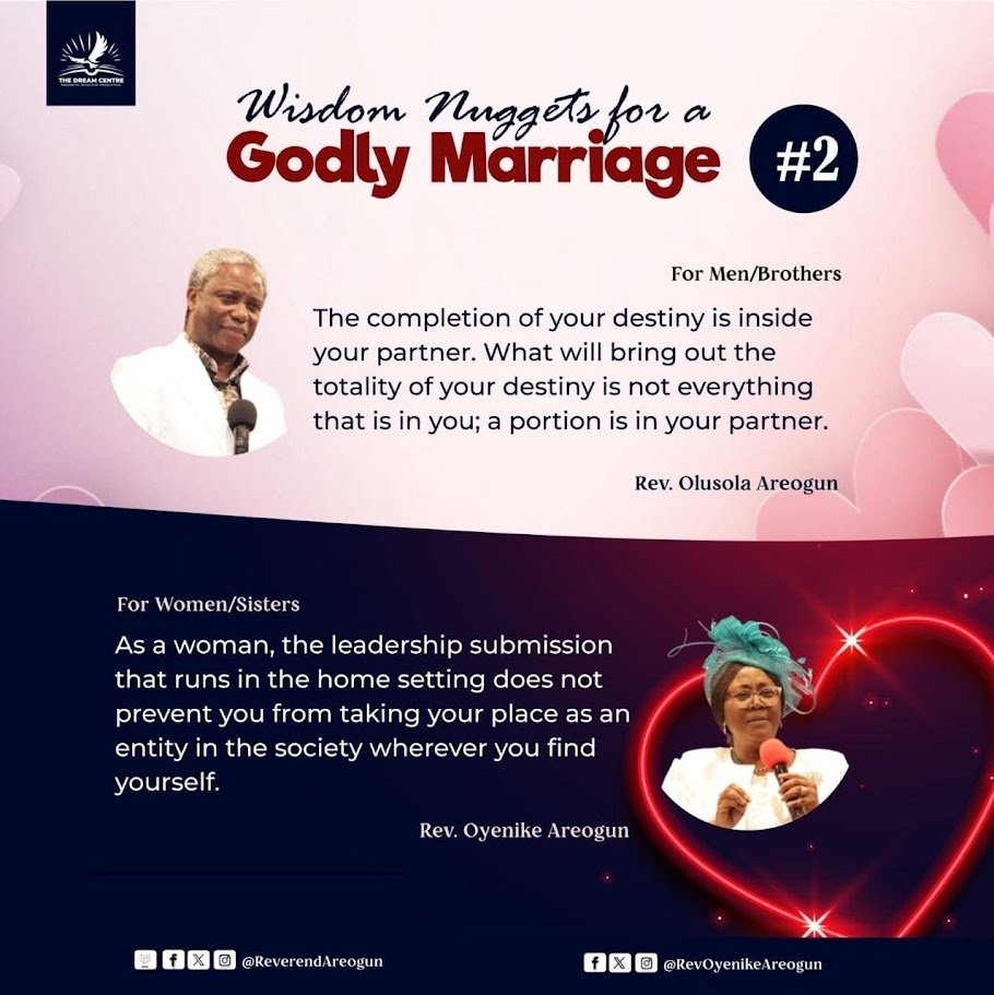 ReverendAreogun's tweet photo. 🌟 Dearly Beloved, 🌟

Today, the 15th of December, is a truly special day for my wife, Rev. Oyenike Areogun, and me as we celebrate another year of our God-ordained union! 💍❤️

Marriage is a divine institution, and we are constantly reminded of the words God has placed in our hearts:

“The completion of your destiny is inside your partner. What will bring out the totality of your destiny is not everything that is in you; a portion is in your partner.”

I want to encourage you today to cherish the gift of marriage. To the men and brothers: Your destiny is intricately connected to your wife. Honour her, nurture her, and align yourself with God’s design for your union. 💪👑

To the women and sisters: Submission in the home doesn’t diminish your role in society or your individual purpose. Stand tall and shine in every sphere God has placed you, just as my dear wife has exemplified. 🌟✨

As we celebrate this anniversary, I reflect on the faithfulness of God in our journey together. Every step, every challenge, and every victory has been a testimony of His unfailing love and purpose.

Today, I invite you to reflect on your relationships and align them with God’s divine blueprint. If our union has blessed you in any way, share your thoughts and testimonies. Let’s spread the beauty of God’s design for marriage. 💬👇

Thank you for walking this journey with us, and I pray that every marriage represented here will be strengthened, purposeful, and fruitful. 🙏💒

#MarriageBuiltOnPurpose #HappyAnniversary #AnointedDuo #ReverendAreogun #RevOyenikeAreogun 💕

With love,
Reverend Olusola Areogun