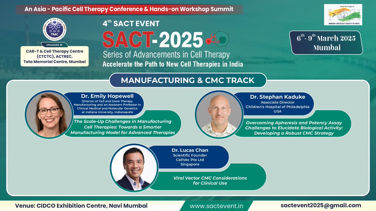 SACT 2025 (Series on Advancements in Cell Therapy) (@sact2025) on Twitter photo <a href="/DrGauravNarula/">Gaurav Narula MD</a> <a href="/AlbeenaDr/">Albeena Nisar</a> <a href="/CTCTC_tmc/">CAR-T & Cell Therapy Centre (CTCTC) ACTREC_TMC</a> <a href="/ACTREC_TMC/">ACTREC-TMC</a> <a href="/MDAndersonNews/">MD Anderson Cancer Center</a> Meet the trailblazing minds at #SACT2025!   Dr. Emily Hopewell, Dr. Stephan Kadauke, & Dr. Lucas Chan leading the Manufacturing & CMC track.  Early Bird Registration (30% OFF) is OPEN!  Register & submit abstracts: lnkd.in/dRT3gDwe
<a href="/DrGauravNarula/">Gaurav Narula MD</a> <a href="/AlbeenaDr/">Albeena Nisar</a> <a href="/CTCTC_tmc/">CAR-T & Cell Therapy Centre (CTCTC) ACTREC_TMC</a> <a href="/DrGauravNarula/">Gaurav Narula MD</a> <a href="/AlbeenaDr/">Albeena Nisar</a> <a href="/CTCTC_tmc/">CAR-T & Cell Therapy Centre (CTCTC) ACTREC_TMC</a> <a href="/ACTREC_TMC/">ACTREC-TMC</a> <a href="/MDAndersonNews/">MD Anderson Cancer Center</a> Meet the trailblazing minds at #SACT2025!   Dr. Emily Hopewell, Dr. Stephan Kadauke, & Dr. Lucas Chan leading the Manufacturing & CMC track.  Early Bird Registration (30% OFF) is OPEN!  Register & submit abstracts: lnkd.in/dRT3gDwe
<a href="/DrGauravNarula/">Gaurav Narula MD</a> <a href="/AlbeenaDr/">Albeena Nisar</a> <a href="/CTCTC_tmc/">CAR-T & Cell Therapy Centre (CTCTC) ACTREC_TMC</a>