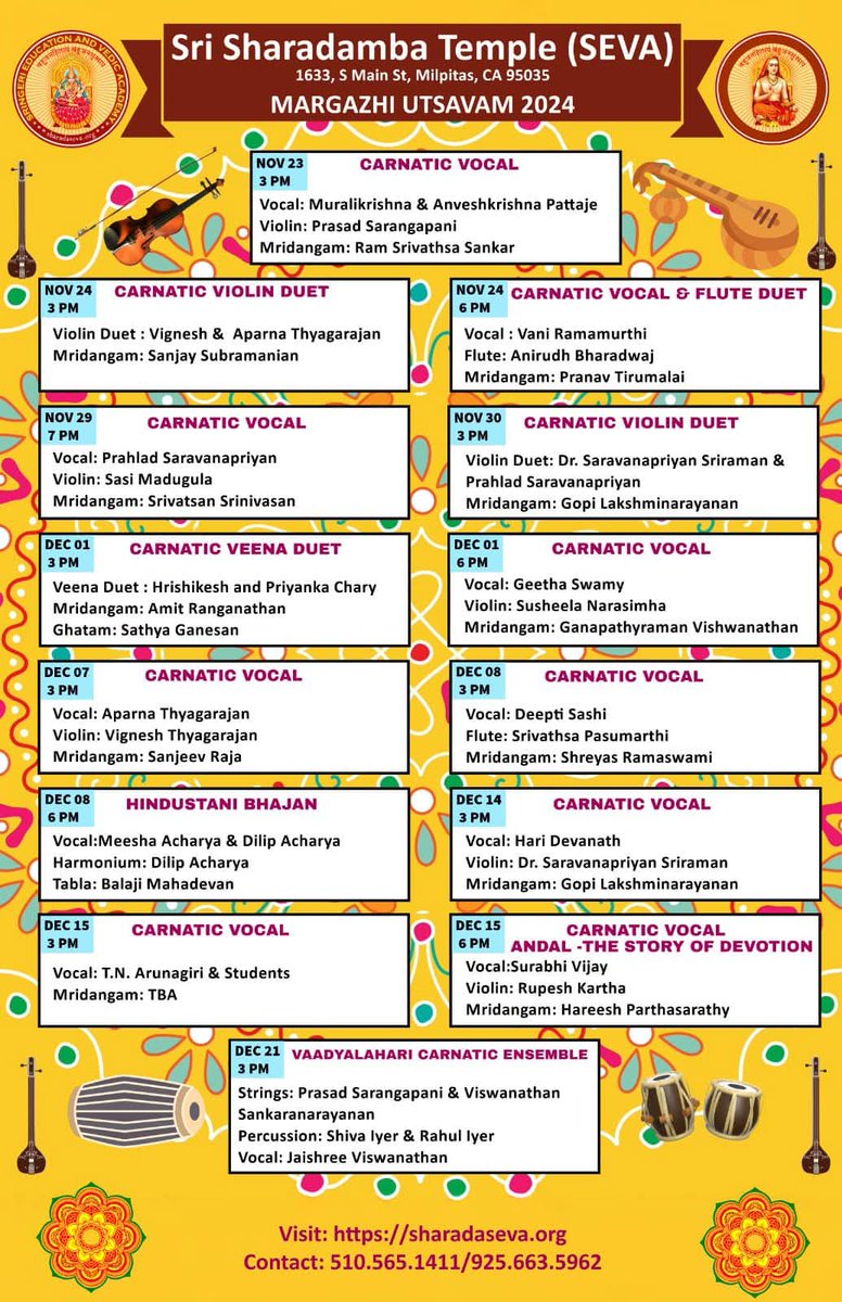CarnatiCali's tweet photo. Please join us tomorrow to explore the life of Andal in music tomorrow at the divine auspices of the Sri Sharadamba temple - SEVA temple tomorrow, featuring Surabhi Vijay , Hareesh Parthasarathy and Rupesh Kartha. 🧘‍♀️🌿
#carnatic #musicschool  #bayarea #california #concerts https://t.co/q9caJ7faWQ
