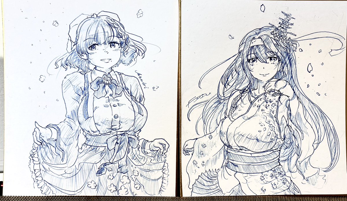 冬コミで頒布予定の色紙
とりあえず朝日さんと扶桑さんの2枚出来ました。
この手のって一枚いくらなんだろう? 